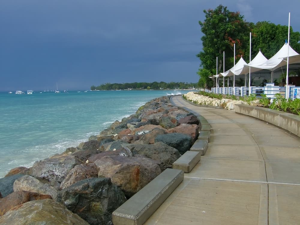 paved boardwalk in Holetown, Barbados. Caribbean island