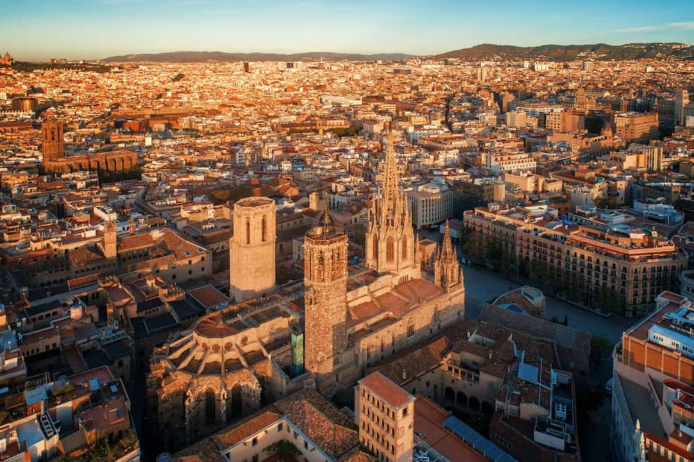 Aerial view of Gothic Quarter in Barcelona in Spain.