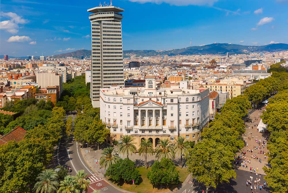 Aerial view over La Rambla from Christopher Columbus monument, with quarters of El Raval in Barcelona, Catalonia, Spain