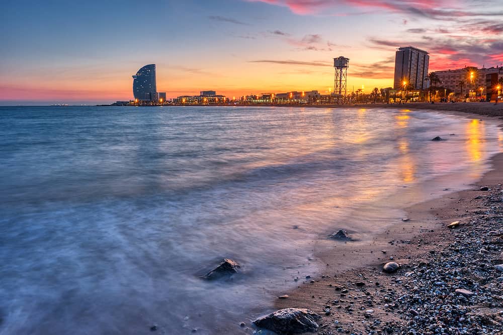 Barceloneta beach in Barcelona, Spain, after a beautiful sunset