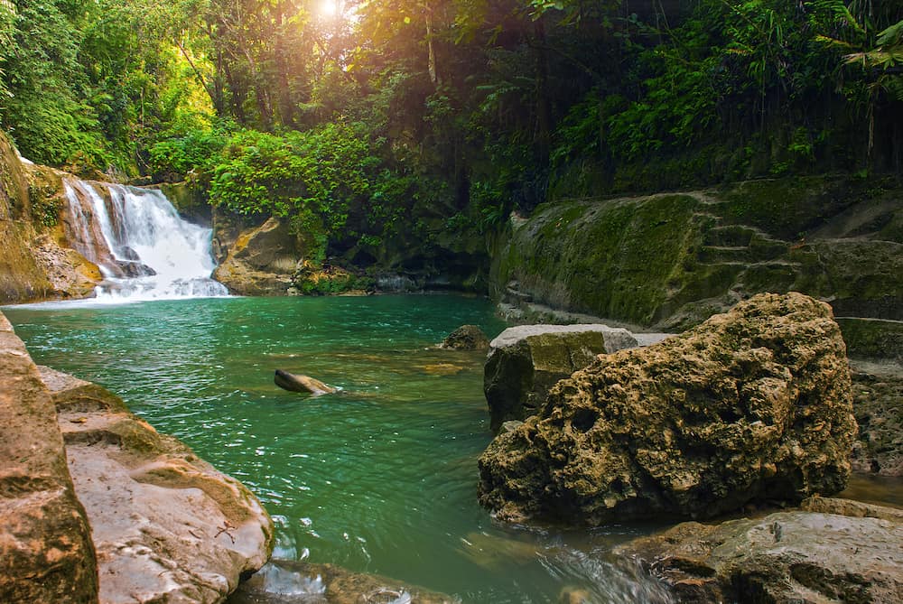 Deep forest beautiful waterfall National Park island of Bohol. Philippines