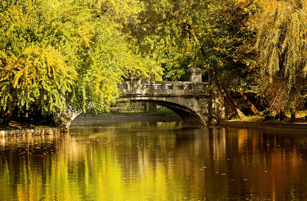 Autumn in Bucharest. Lake and bridge in Cismigiu Park.