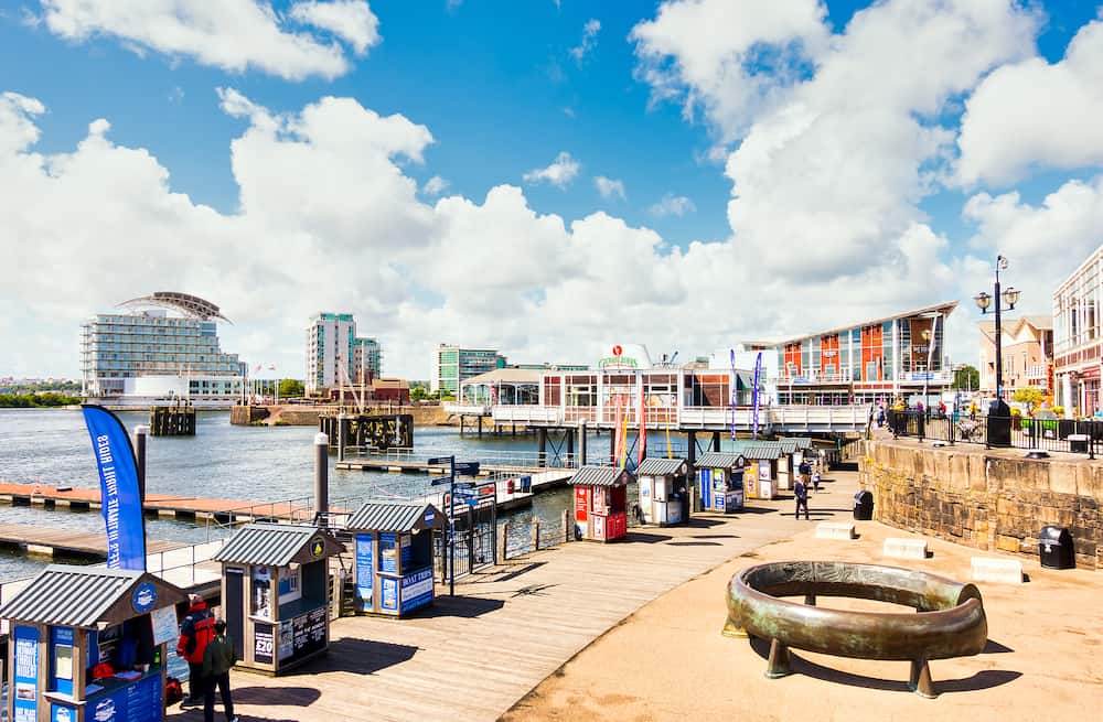Cardiff, United Kingdom - Panoramic view of Cardiff Bay and Mermaid Quay on a sunny morning in Cardiff, Wales.