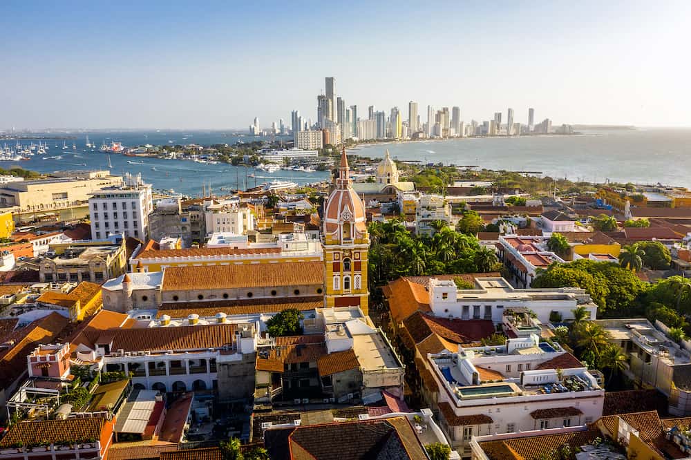 Aerial view of the historic city center of Cartagena, Colombia. Panorama of the old and new parts of the city in Cartagena.