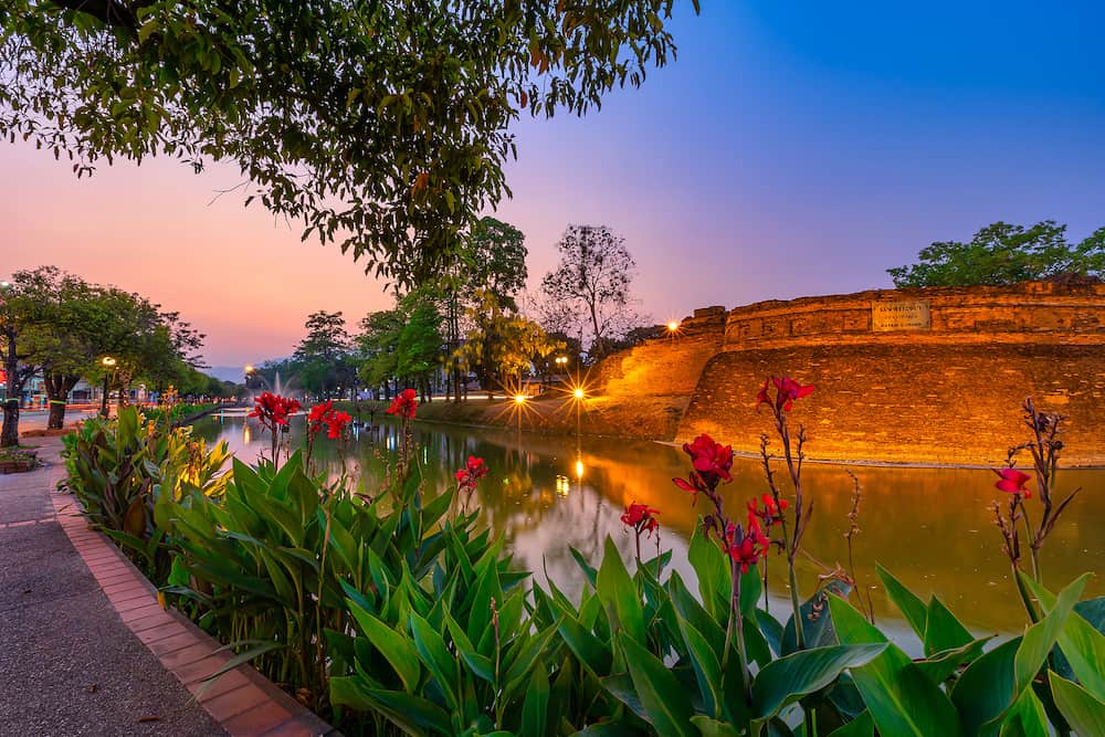 Chiang Mai old city ancient wall and moat (KATAM CORNER) with evening It is a major tourist attraction in Chiang Mai, Thailand.