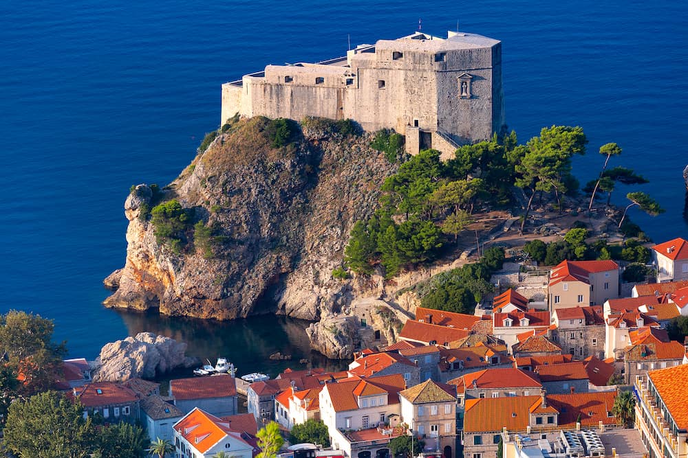 Aerial closeup view of Fort Lovrijenac or St Lawrence Fortress, often called Dubrovnik s Gibraltar in the morning, Dubrovnik, Croatia