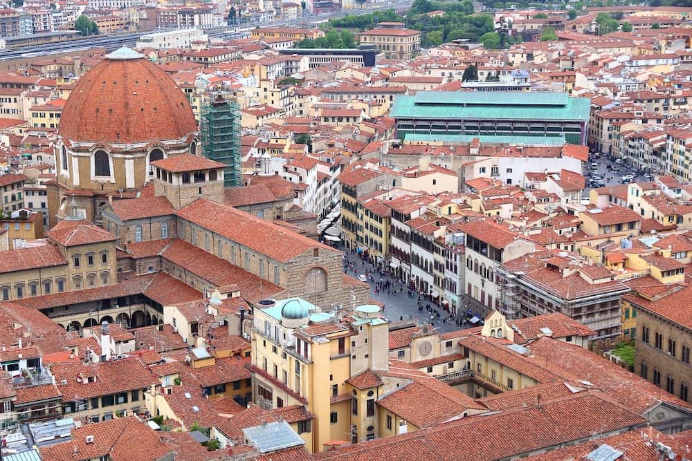 Florence, Italy. City view with San Lorenzo Basilica and marketplace.