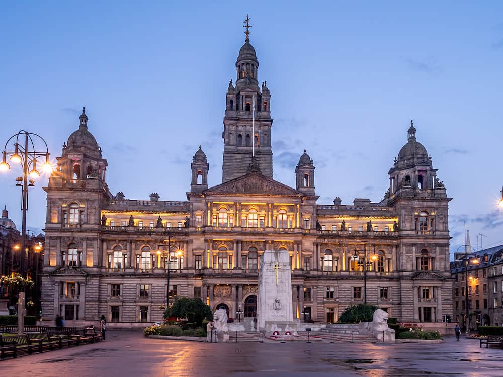 Glasgow City Chambers in George Square, Glasgow Scotland at night.