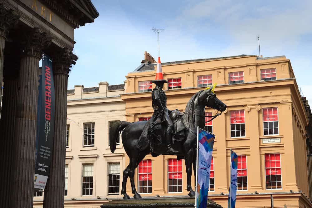 Statue of the Duke of Wellington with parking cone on its head. Glasgow Scotland