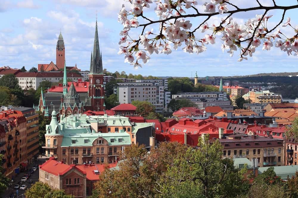 Spring in Gothenburg city in Sweden. Gothenburg cityscape with Olivedal district. Cherry blossoms spring time.