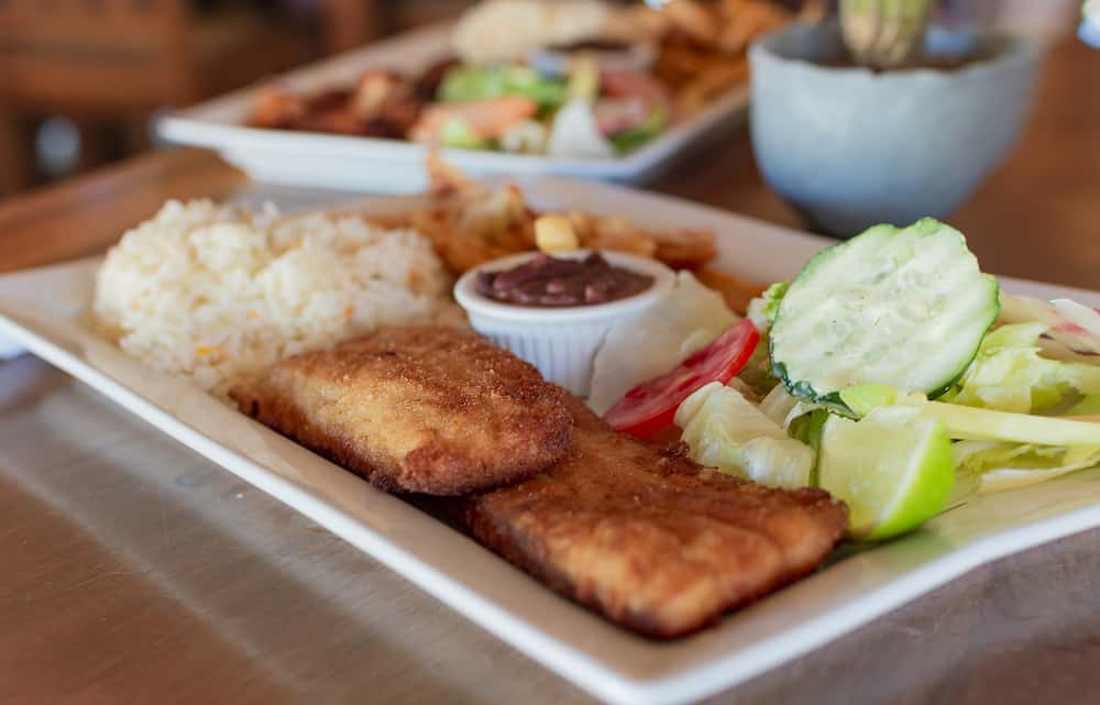Gourmet food fried fish fillet with salad rice served on wooden table, Close up of fried fish fillet with rice and salad served on table with copy space. gourmet food fried fish fillet