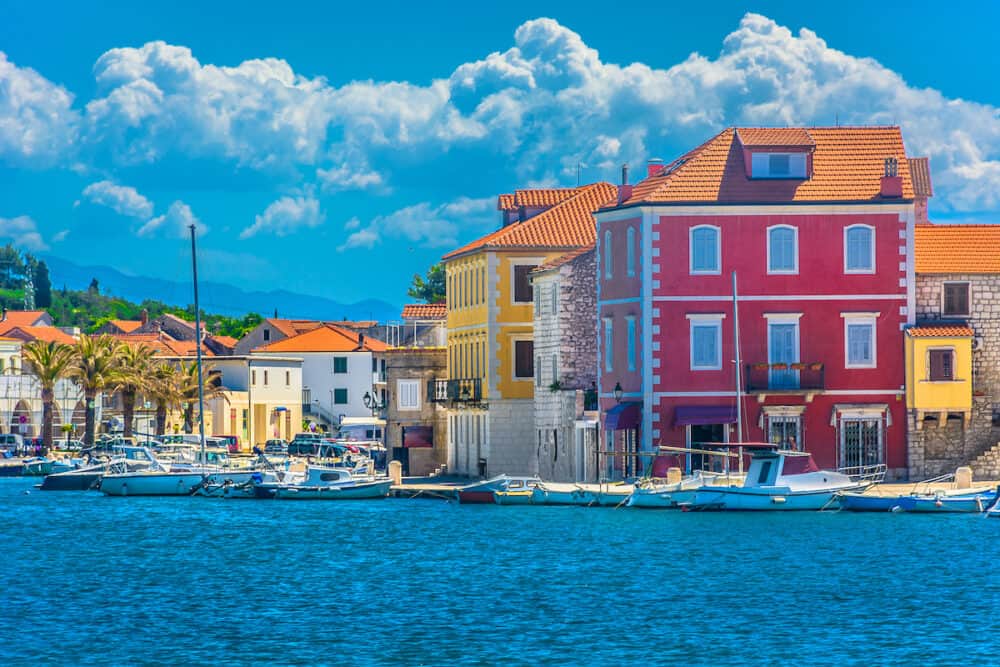 Seafront view at mediterranean town Starigrad, famous travel harbor on island Hvar, Croatia.