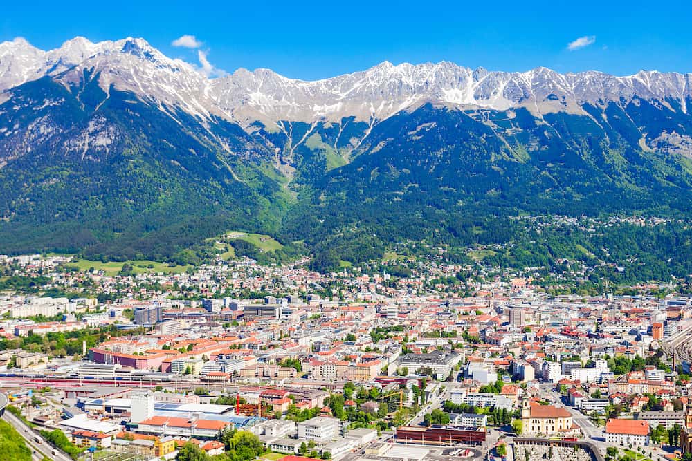 Innsbruck aerial panoramic view. Innsbruck is the capital city of Tyrol in western Austria.