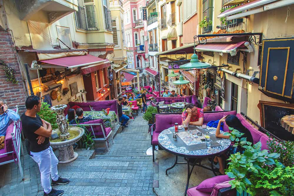 ISTANBUL, TURKEY: Colorful street with cafe in Cihangir quarter, Beyoglu district