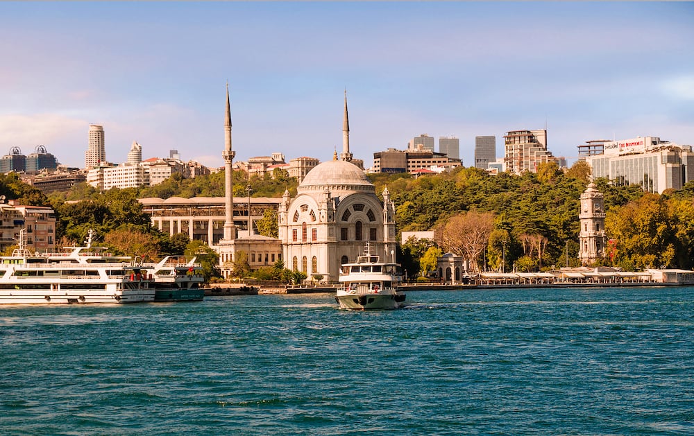 ISTANBUL, TURKEY - View on the bank of Bosporus Strait with touristic boat departing from Kabatas ferry terminal in front of Dolmabahce Mosque in Beyoglu district of Istanbul