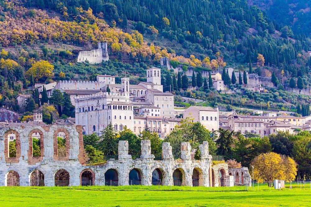 Italy. Roman amphitheater built two thousand years ago. Magnificent Renaissance palace. The city of Gubbio in the Umbrian mountains with a rich history and grandiose architecture.