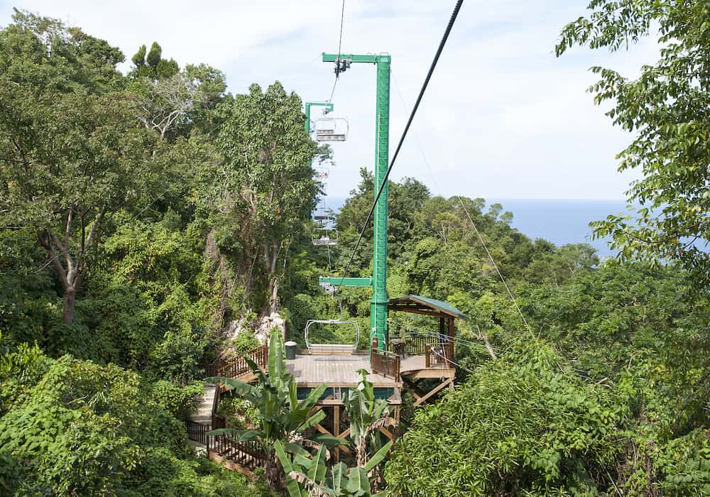 The cable car transportation through the jungle in Ocho Rios resort town (Jamaica).