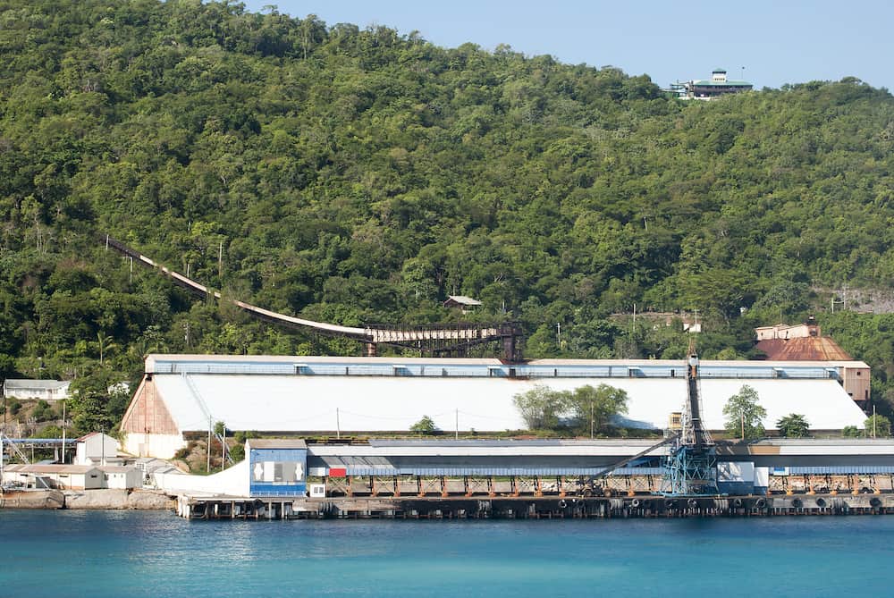 The port dock of Ocho Rios resort town with Mystic Mountain behind (Jamaica).