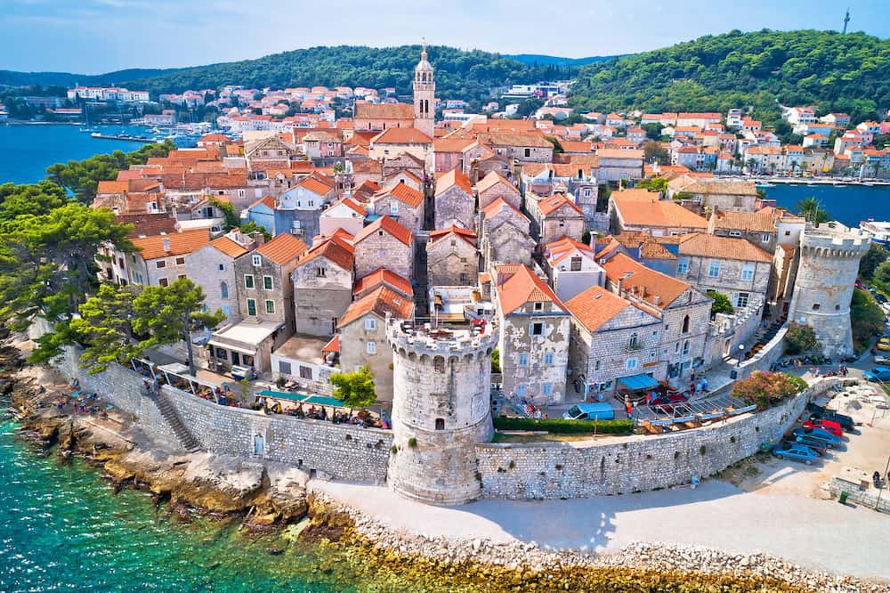 Korcula island. Historic town of Korcula aerial view, island in archipelago of southern Croatia