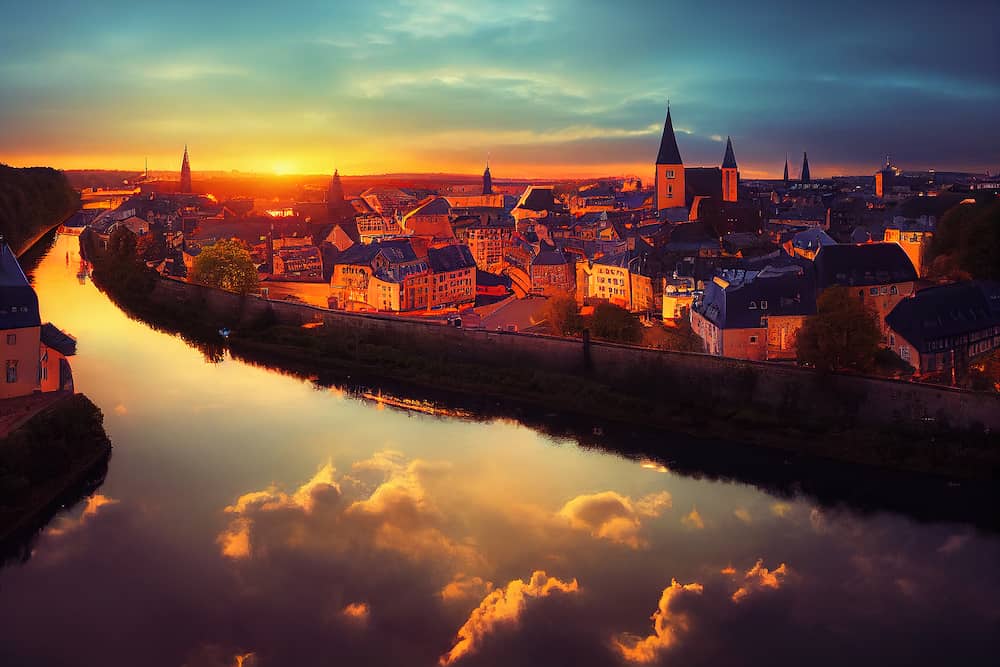 anime Luxembourg City Luxembourg Cityscape image of old town on Alzette River skyline during beautiful sunset , Anime style U1 1
