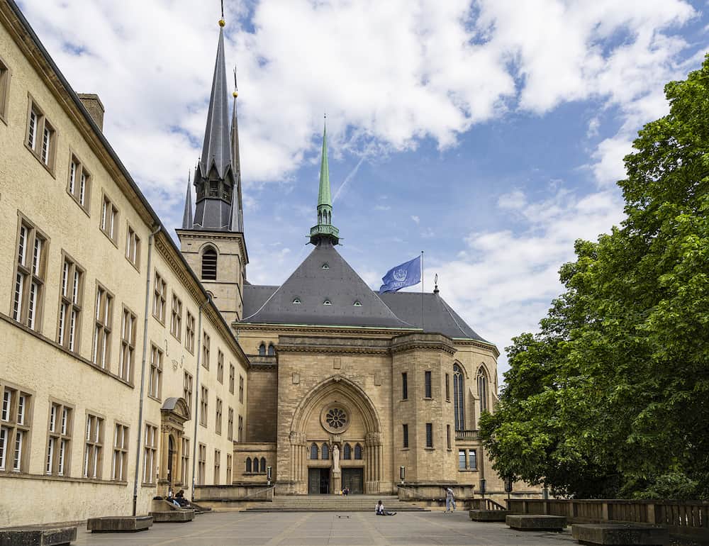 Luxembourg city = exterior view of Notre Dame Cathedral in the city center
