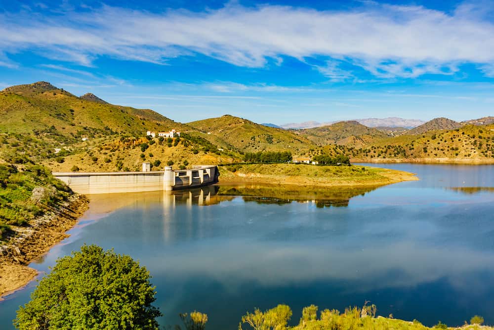 Spanish landscape. Casasola Dam and surrounding countryside, Malaga province in Andalusia, Spain