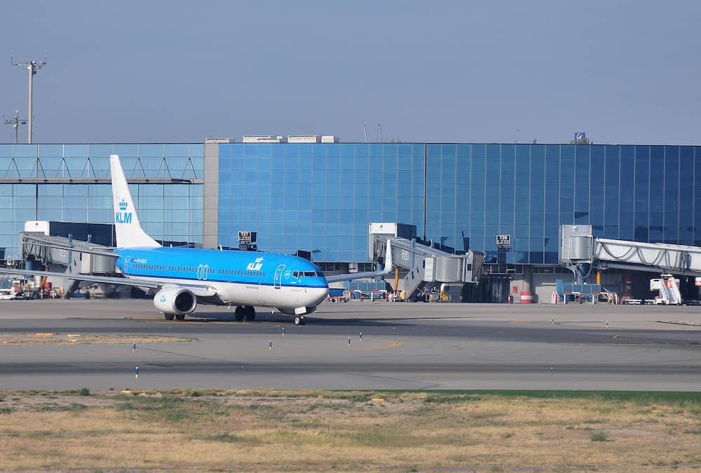 Malaga Spain - A blue KLM plane gets ready for take-off at the airport in Malaga Spain.