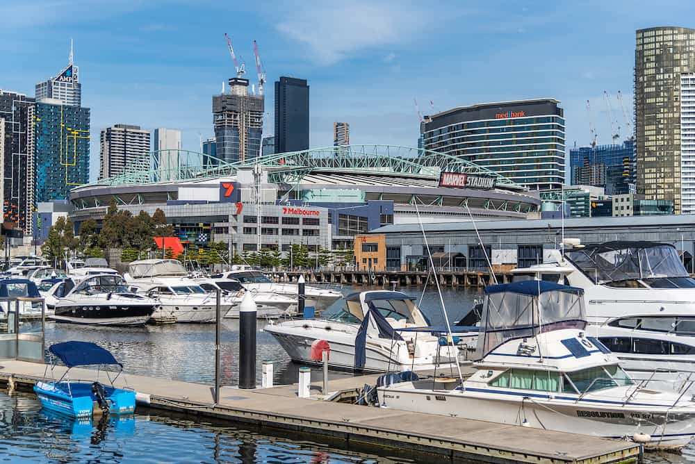 Melbourne, Victoria Australia - Docklands is a modern harbour development dominated by high-rises and popular for its shopping and waterside dining.