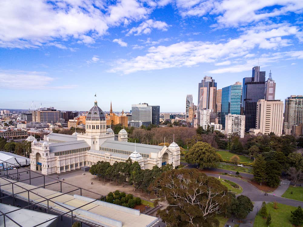 AUSTRALIA, MELBOURNE - Aerial view of the Royal Exhibition building and Melbourne city skyline, Australia
