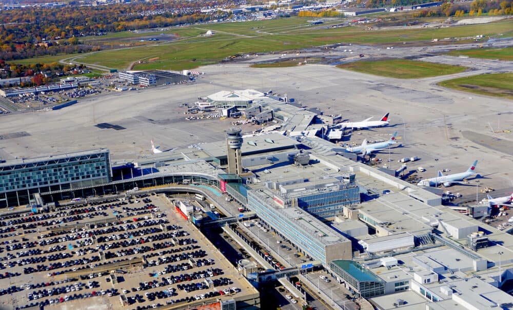 Montreal, Canada -  The aerial view of the terminals and planes near Pierre Elliott Trudeau International Airport