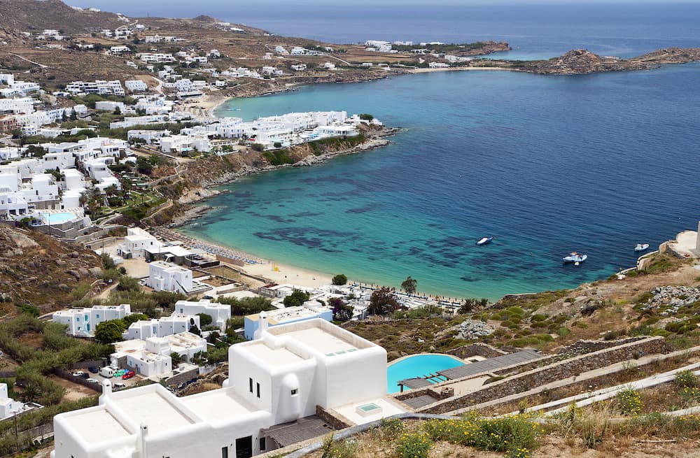 Platis gialos and the famous Psarou beach at Mykonos island in Greece