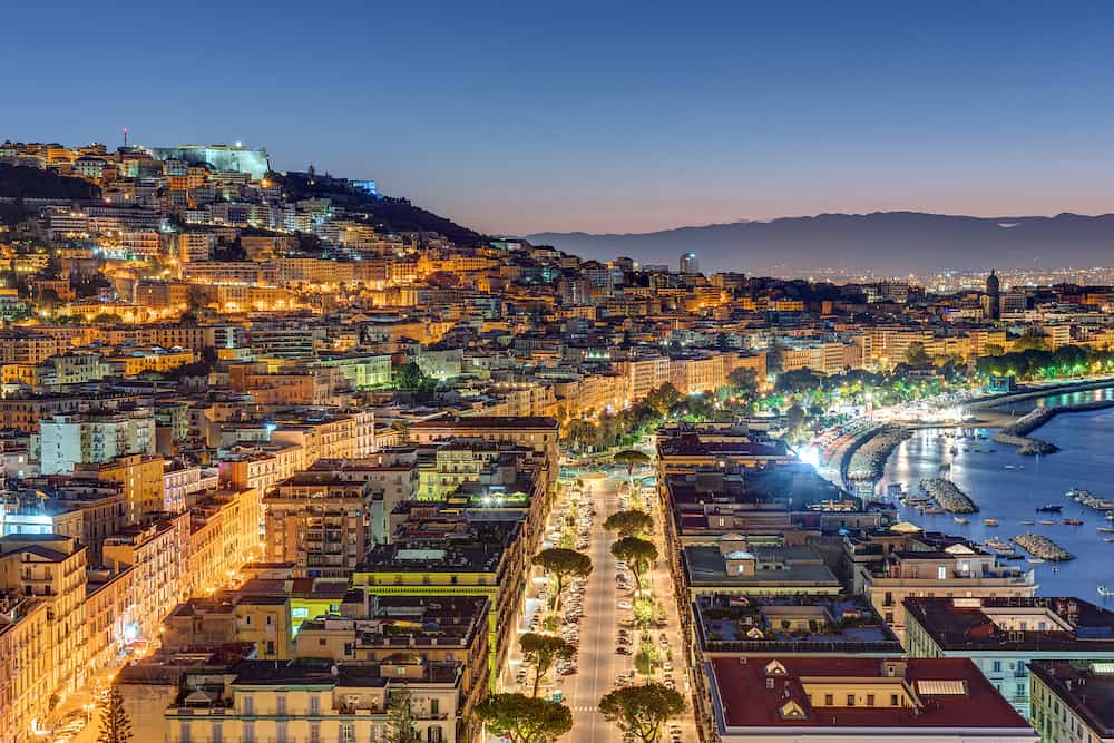 View of the Posillipo and Vomero district in Naples, Italy, at night