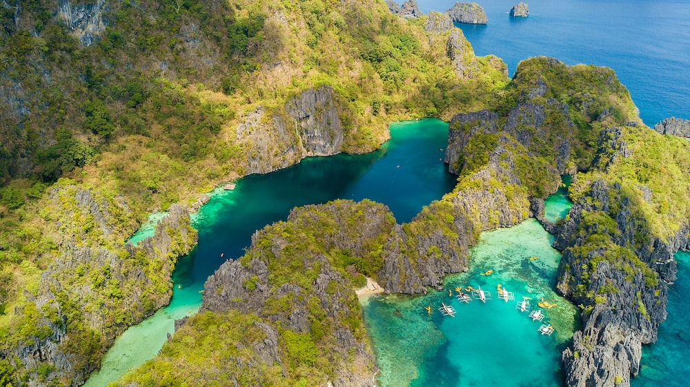 Aerial view of Big Lagoon and small Lagoon in El Nido, Palawan Island, The Philippines
