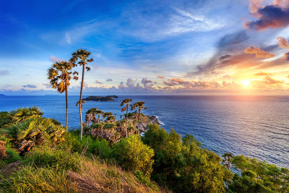 Promthep cape viewpoint at sunset in Phuket, Thailand.