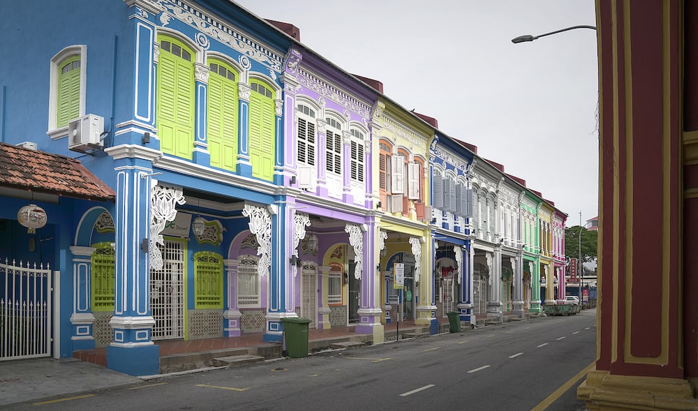 George Town, Penang, Malaysia - Row of colorful heritage houses and shopsin George Town, Penang.