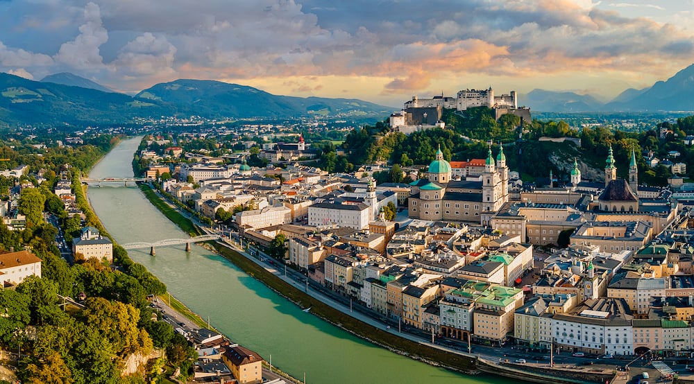 Beautiful aerial drone panorama of Salzburg city in Austria.