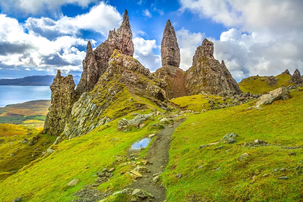 Famous rock pinnacles Old Man of Storr, on a north hill in the isle of Skye island of Highlands in Scotland, United Kingdom. Old Man of Storr is one of the most photographed wonders in the Scotland.
