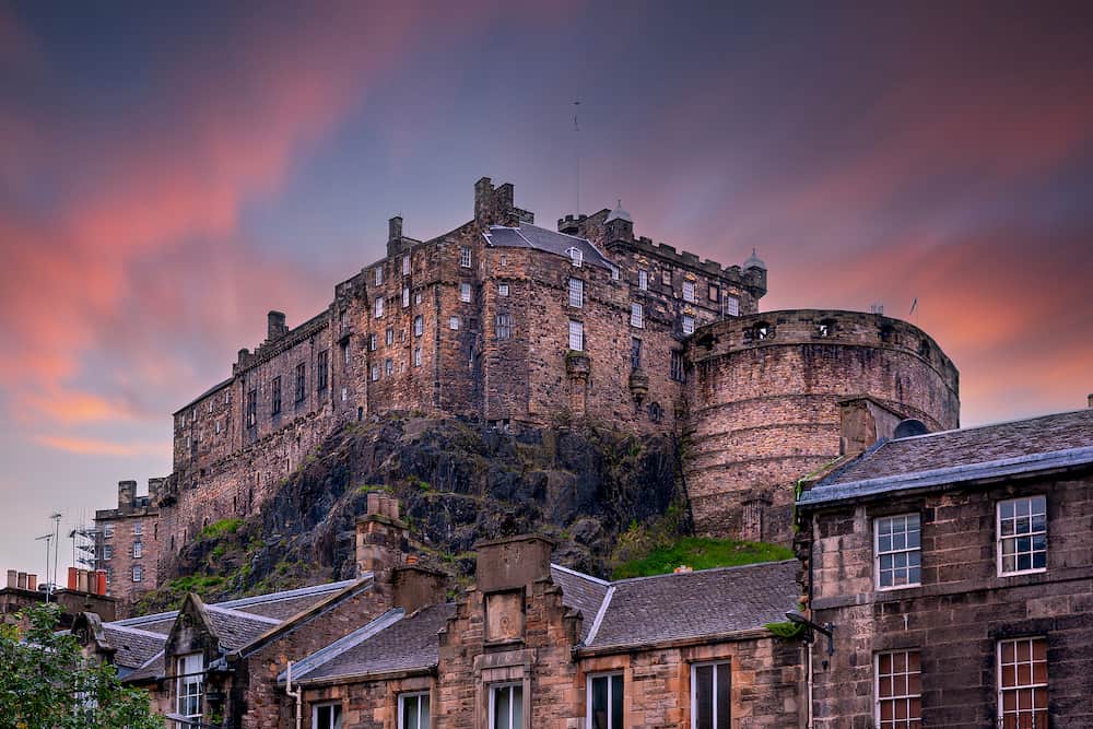 view on Edinburgh Castle from Heriot place during sunset, Edinburgh, Scotland, UK