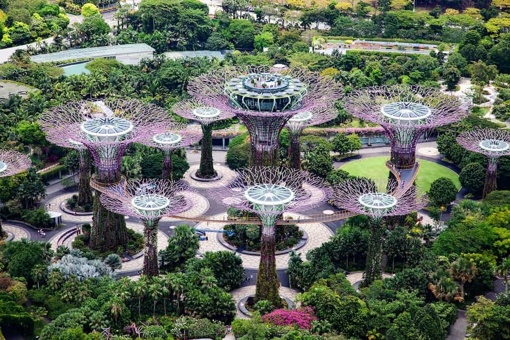 SINGAPORE - aerial view of Singapore City skyline with Gardens by the Bay