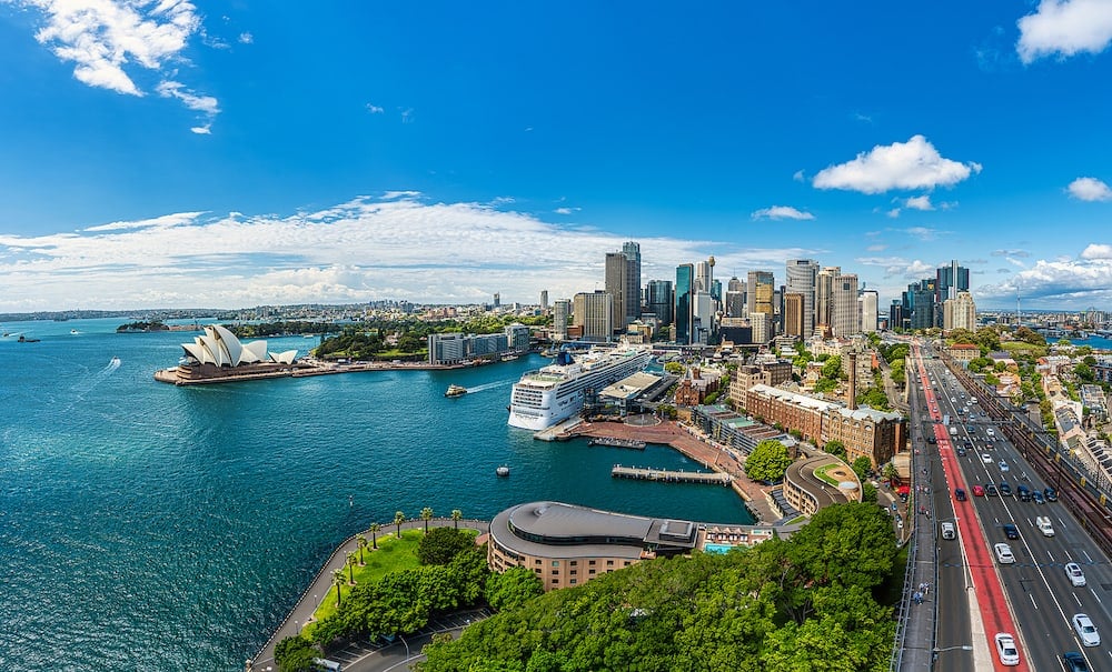 Panorama view of Sydney harbor bay and Sydney downtown skyline with opera house in a beautiful afternoon, Sydney, Australia.