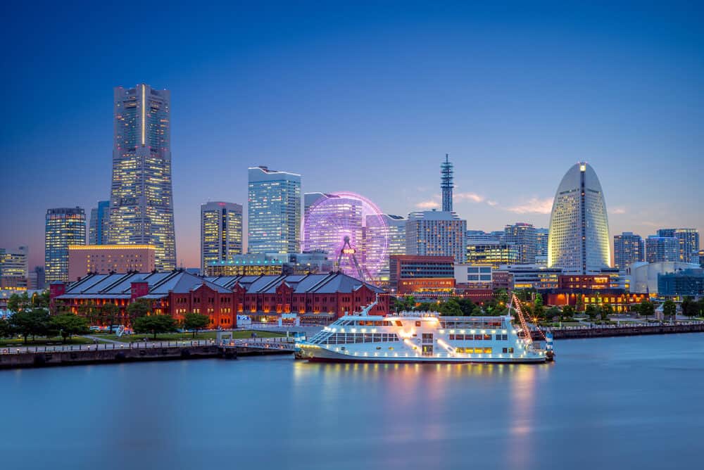 night scene of yokohama port near tokyo, japan