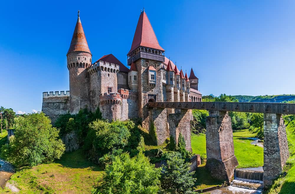 Hunedoara, Romania. Beautiful panorama of the Corvin Castle ( Hunyad Castle), Hunedoara, Transylvania, Romania, Europe.