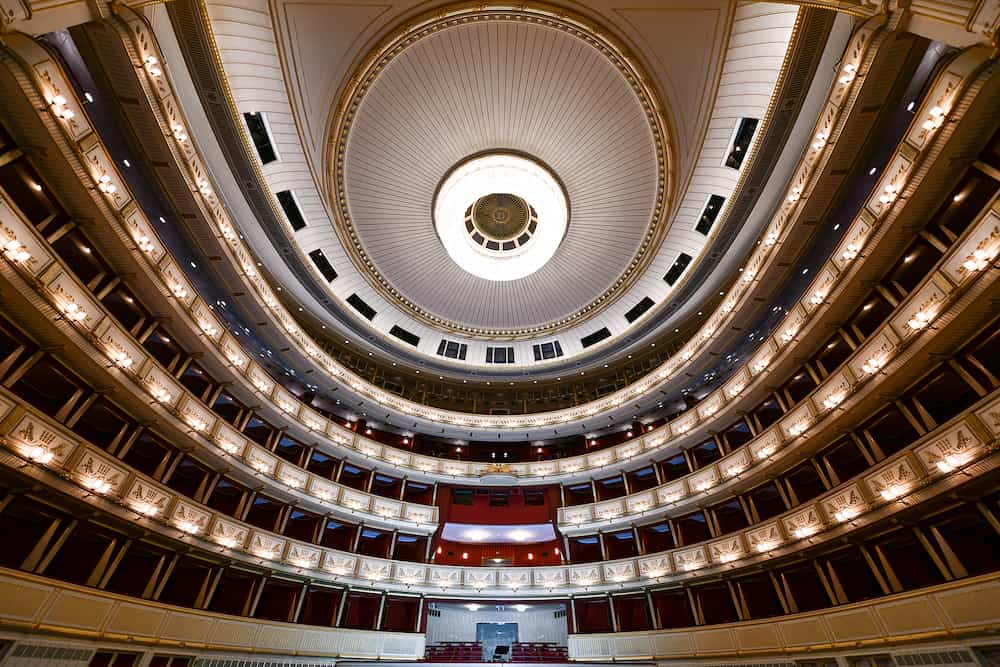 Vienna, Austria: Interior of Vienna State Opera House. Wiener Staatsoper produces 50-70 operas and ballets in about 300 performance per year.