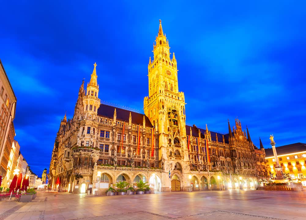 New Town Hall at night. New Town Hall or Neues Rathaus is located at the Marienplatz or St. Mary square, a central square in Munich city centre, Germany.