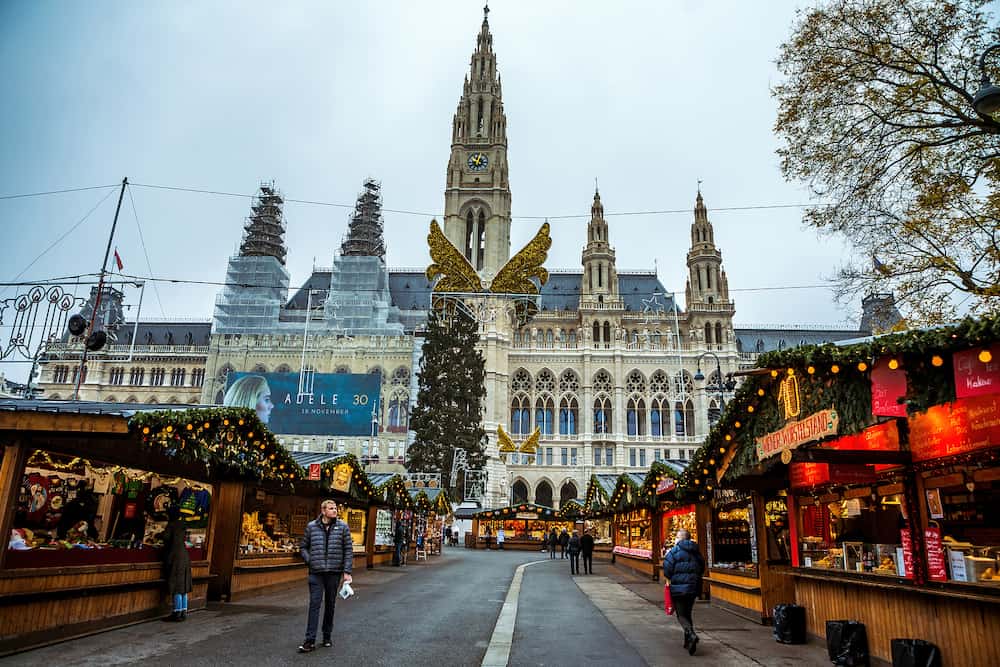 Vienna, Austria - Traditional christmas market in front of the Rathaus (City hall) of Vienna just before Covid-19 lockdown.