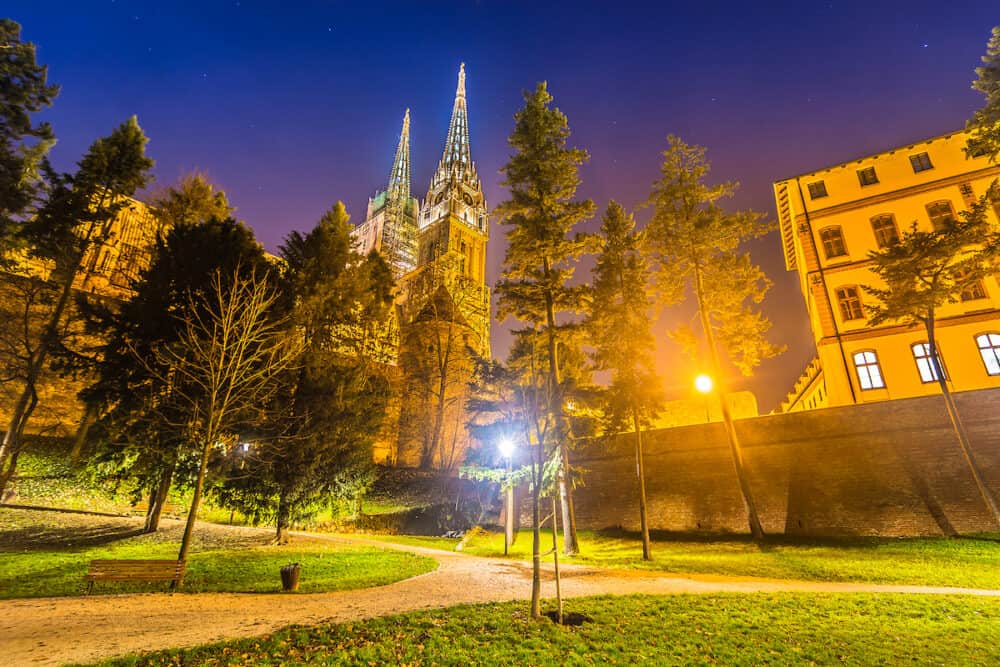 Scenic view at night marble scenery in park Ribnjak with cathedral in background, Zagreb Croatia.