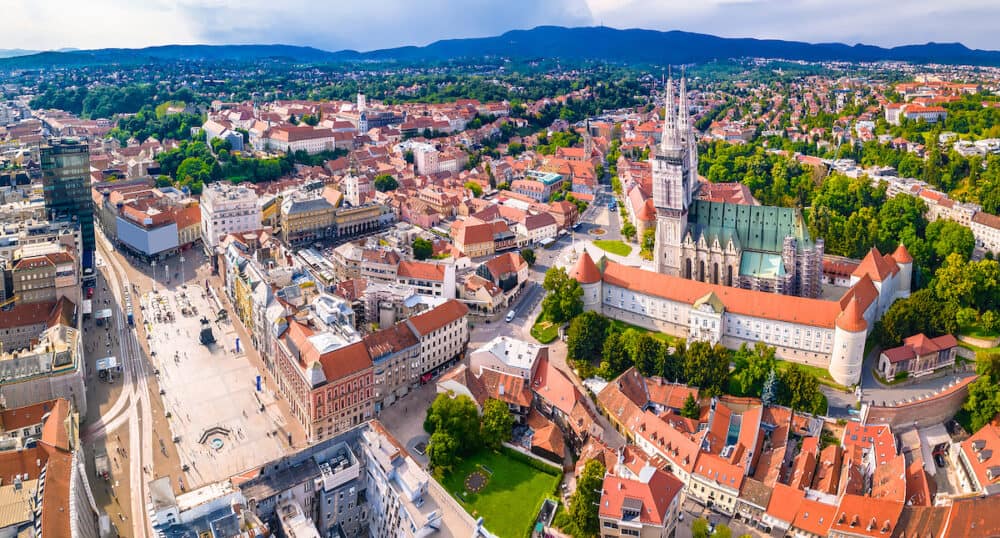 Zagreb main square and cathedral aerial panoramic view, famous landmarks of capital of Croatia