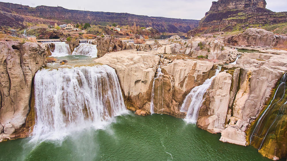 Aerial view over Shoshone Falls in Idaho over waters