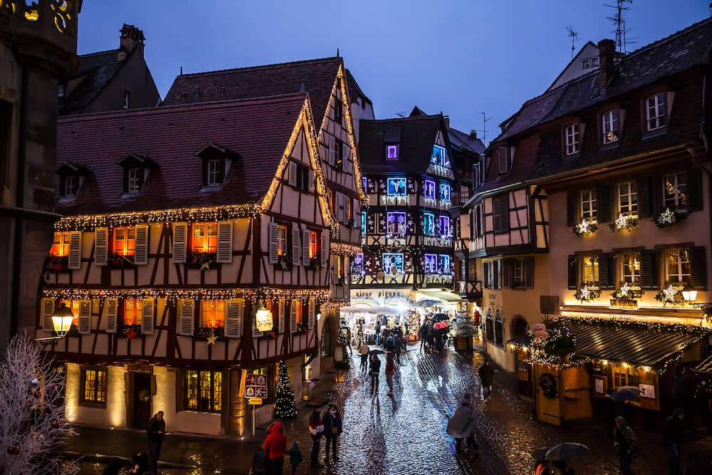 Colmar, Alsace, France - Petite Venice, streets and houses decorated for christmas .
