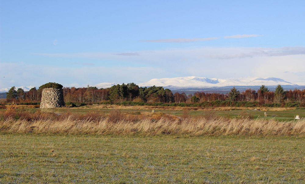 Culloden Moor with Winter Mountains and Cairn